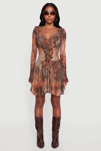 Womens Printed Pattern Lace Up Ruffle Detail Mesh Dress, Brown, Size M