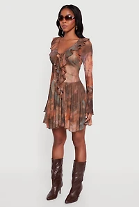 Womens Printed Pattern Lace Up Ruffle Detail Mesh Dress, Brown, Size M
