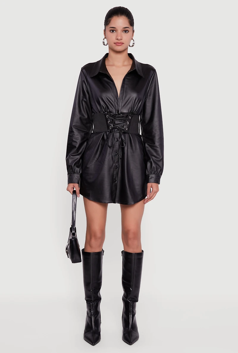 Womens Leather Look Belted Mini Dress, Black, Size L