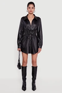 Womens Leather Look Belted Mini Dress, Black, Size L