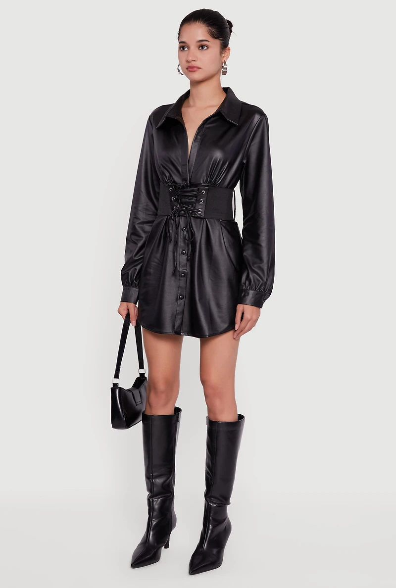 Womens Leather Look Belted Mini Dress, Black, Size L