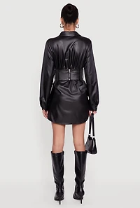 Womens Leather Look Belted Mini Dress, Black, Size L