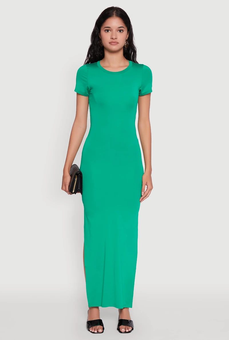 Womens Daisy Crew Neck Side Slit T Shirt Dress, Green, Size S