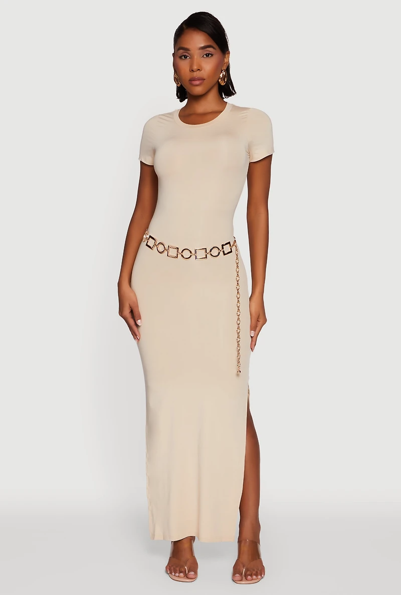Womens Daisy Crew Neck Side Slit T Shirt Dress,