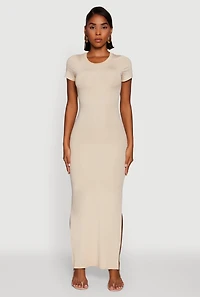 Womens Daisy Crew Neck Side Slit T Shirt Dress,