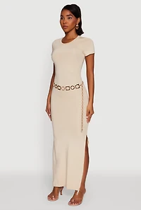 Womens Daisy Crew Neck Side Slit T Shirt Dress,
