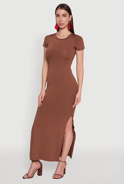 Womens Daisy Crew Neck Side Slit T Shirt Dress,