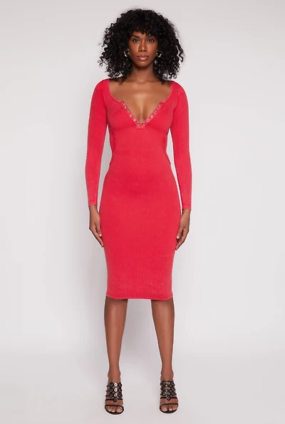Womens Daisy Acid Wash Grommet Notch Neck Dress, Red, Size S