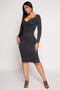 Womens Daisy Rib Knit Notch Neck Bodycon Dress,