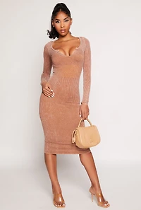 Womens Daisy Rib Knit Notch Neck Bodycon Dress, Brown, Size S