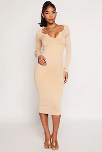 Womens Daisy Rib Knit Notch Neck Bodycon Dress,
