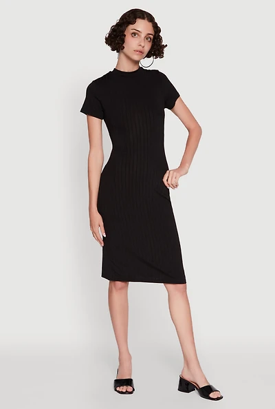 Womens Daisy Rib Knit Mock Neck T Shirt Dress,