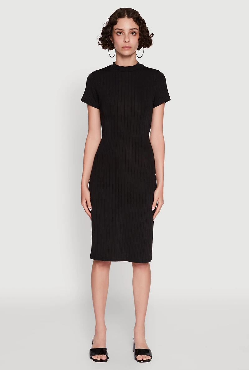 Womens Daisy Rib Knit Mock Neck T Shirt Dress,