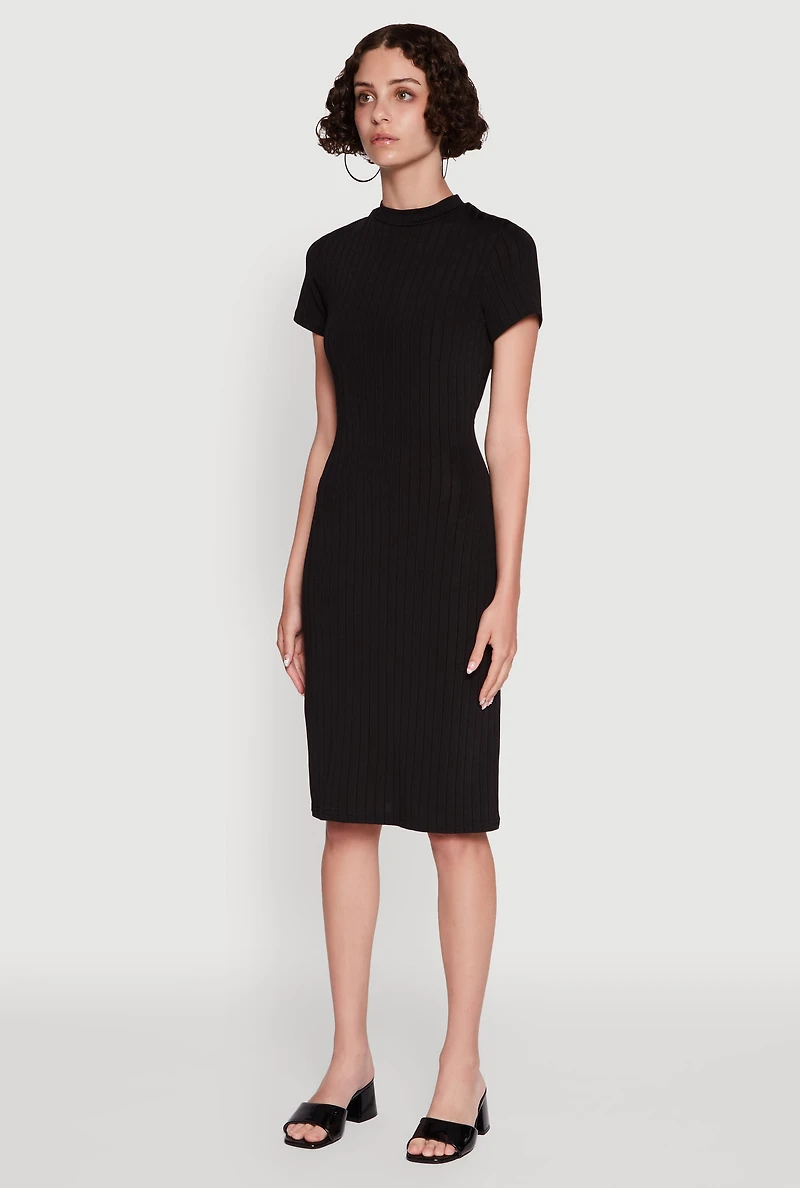 Womens Daisy Rib Knit Mock Neck T Shirt Dress,
