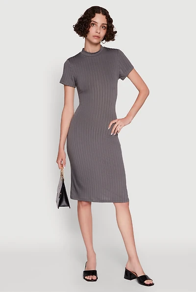 Womens Daisy Rib Knit Mock Neck T Shirt Dress,