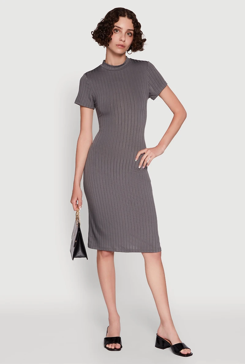 Daisy Rib Knit Mock Neck T Shirt Dress