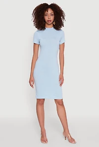 Womens Daisy Rib Knit Mock Neck T Shirt Dress, Blue, Size L
