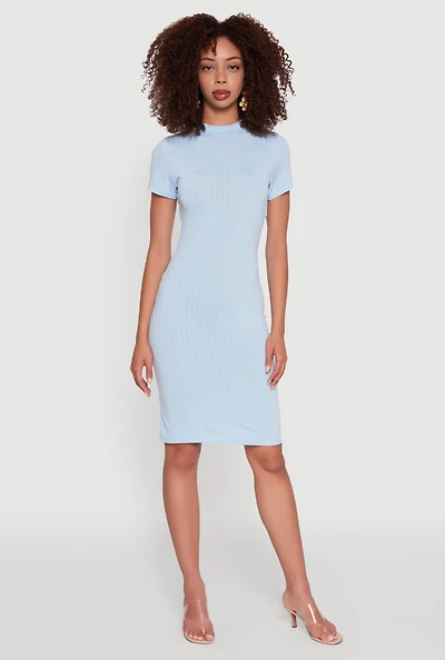 Womens Daisy Rib Knit Mock Neck T Shirt Dress,