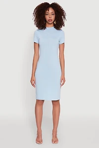 Womens Daisy Rib Knit Mock Neck T Shirt Dress, Blue, Size L