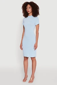 Womens Daisy Rib Knit Mock Neck T Shirt Dress, Blue, Size L