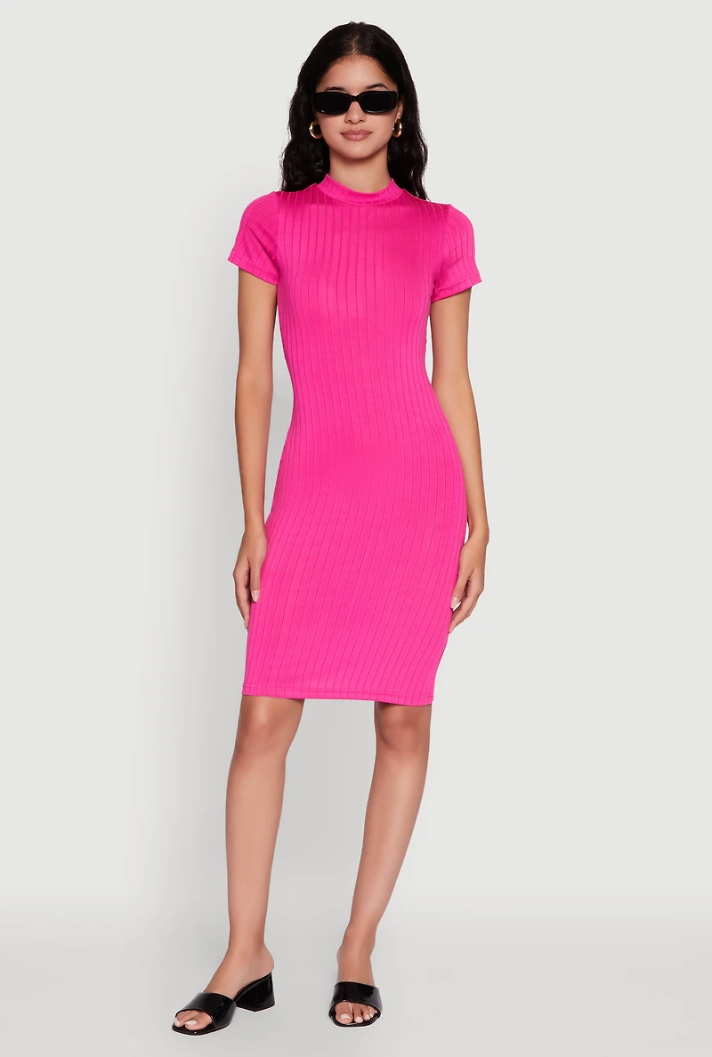 Daisy Rib Knit Mock Neck T Shirt Dress