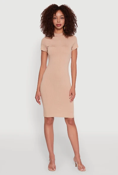 Womens Daisy Rib Knit Mock Neck T Shirt Dress,