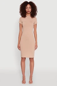 Womens Daisy Rib Knit Mock Neck T Shirt Dress,