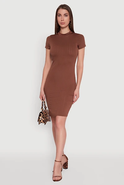 Womens Daisy Rib Knit Mock Neck T Shirt Dress,