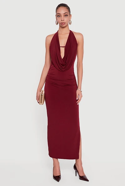 Cowl Neckline Side Ruched Halter Dress