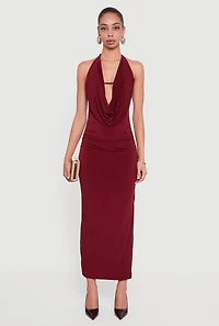 Cowl Neckline Side Ruched Halter Dress