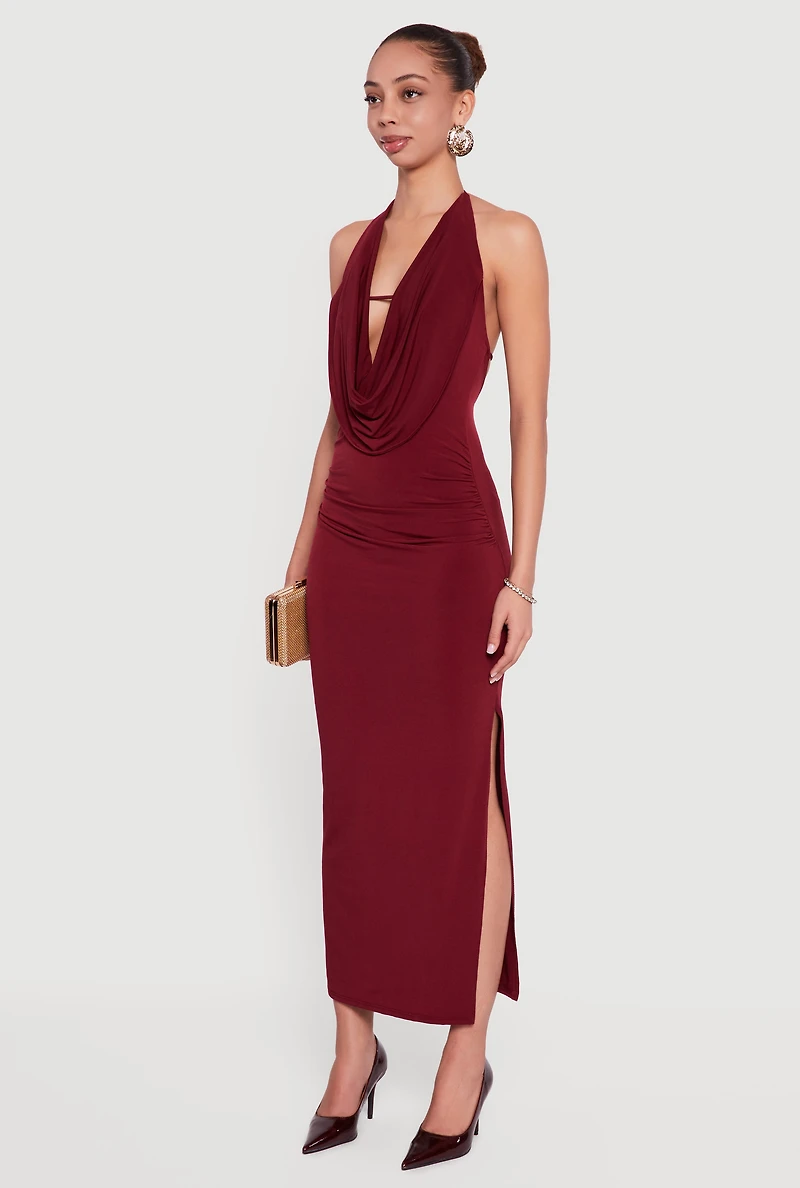 Cowl Neckline Side Ruched Halter Dress