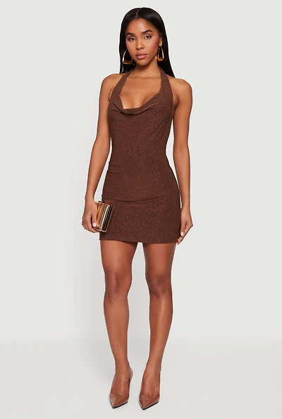 Glittery Cowl Neck Tie Back Halter Dress