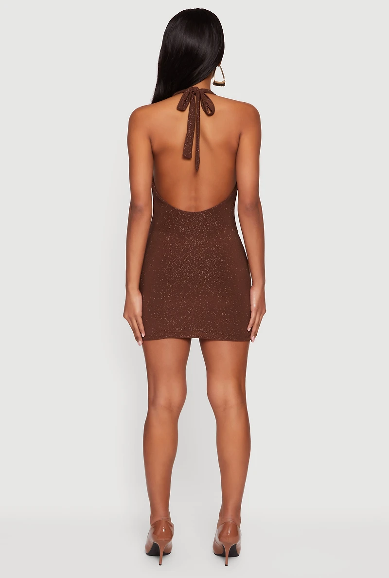Glittery Cowl Neck Tie Back Halter Dress