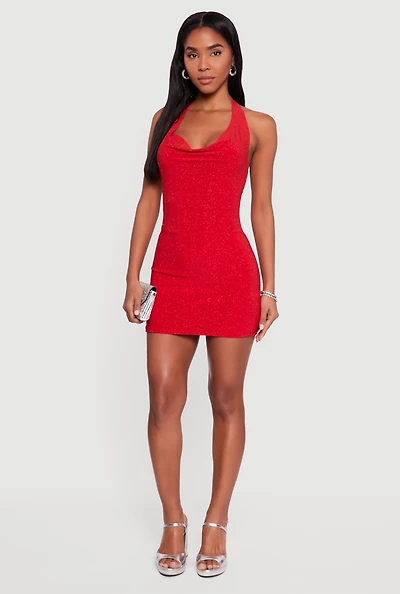 Glittery Cowl Neck Tie Back Halter Dress