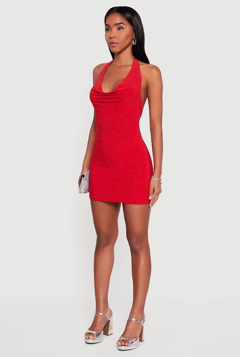 Glittery Cowl Neck Tie Back Halter Dress