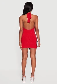 Glittery Cowl Neck Tie Back Halter Dress