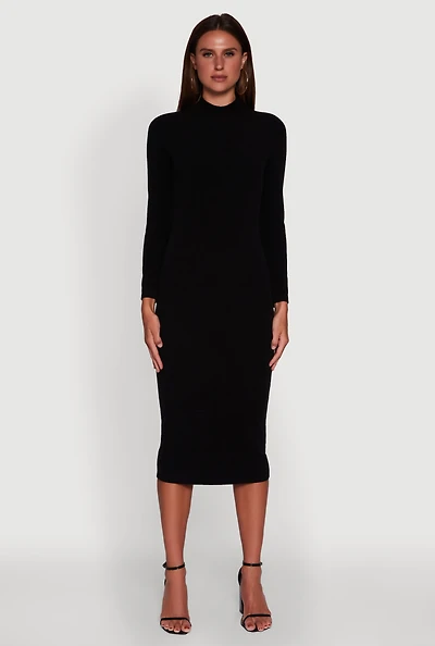 Womens Long Sleeve Mock Neck Midi Dress, Black, Size S