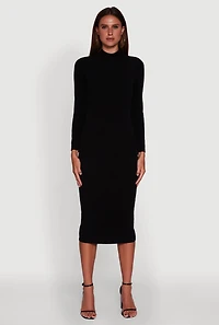Womens Long Sleeve Mock Neck Midi Dress, Black, Size S