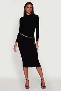 Womens Long Sleeve Mock Neck Midi Dress, Black, Size S