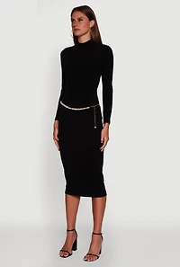 Womens Long Sleeve Mock Neck Midi Dress, Black, Size S
