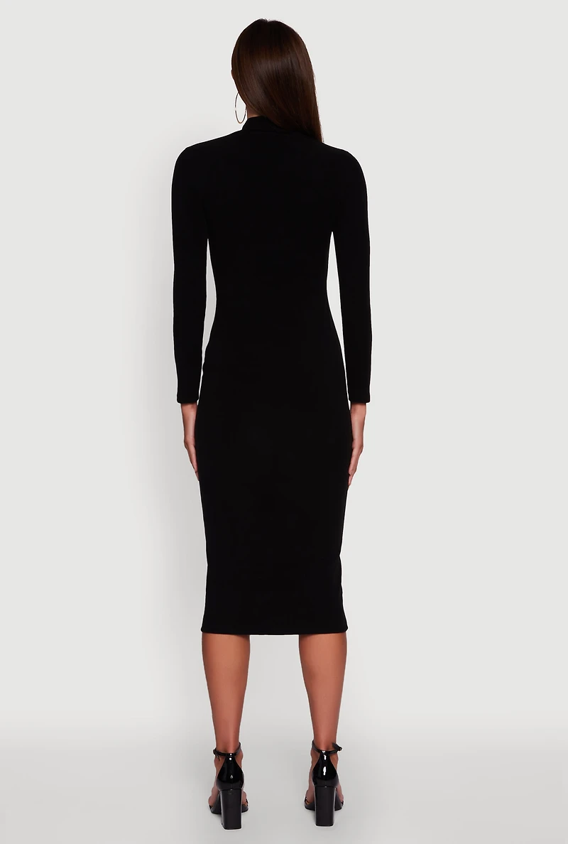 Womens Long Sleeve Mock Neck Midi Dress, Black, Size S