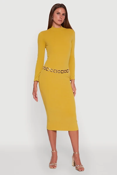 Womens Long Sleeve Mock Neck Midi Dress, Yellow, Size S