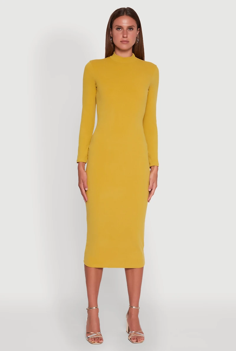 Womens Long Sleeve Mock Neck Midi Dress, Yellow, Size S