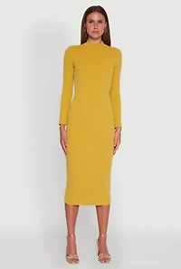 Womens Long Sleeve Mock Neck Midi Dress, Yellow, Size L