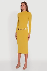 Womens Long Sleeve Mock Neck Midi Dress, Yellow, Size S