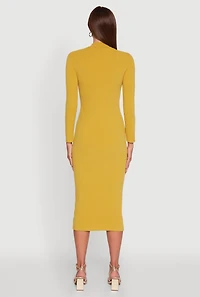 Womens Long Sleeve Mock Neck Midi Dress, Yellow, Size S