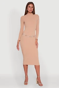 Womens Long Sleeve Mock Neck Midi Dress, Beige, Size S