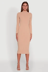 Womens Long Sleeve Mock Neck Midi Dress,