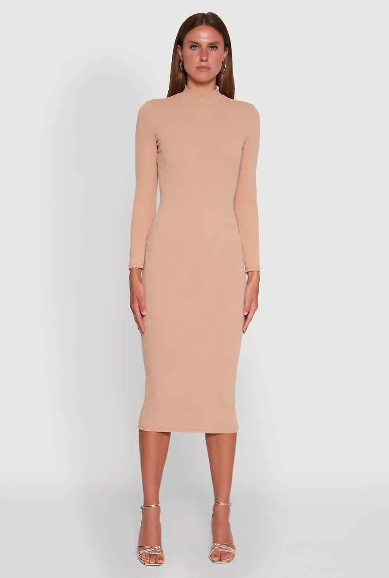 Womens Long Sleeve Mock Neck Midi Dress, Beige,