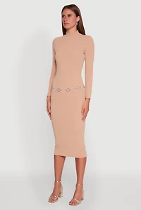 Womens Long Sleeve Mock Neck Midi Dress, Beige, Size L